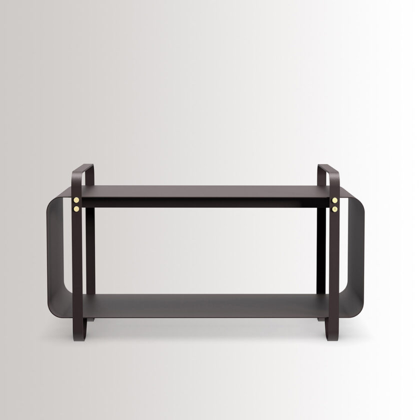 Ninne Bench in Classique is made from dark warm grey powder-coated steel, with brass details.