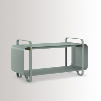 Ninne Bench in Lichen is made from light green grey powder-coated steel, with brass details, at an angle.