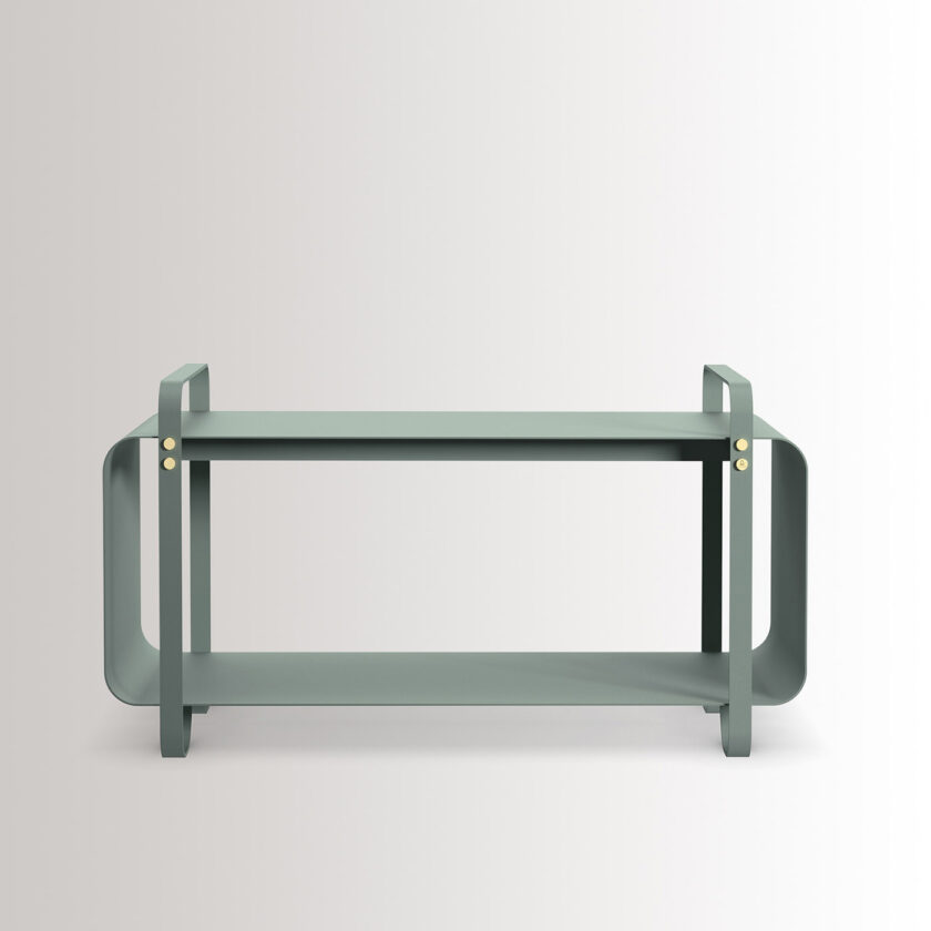 Ninne Bench in Lichen is made from light green grey powder-coated steel, with brass details.