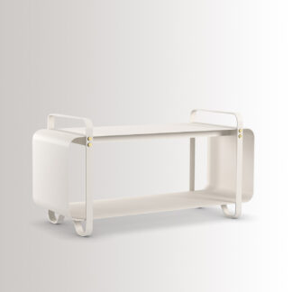 Ninne Bench in Blanc is made from cream white powder-coated steel, with brass details, at an angle.