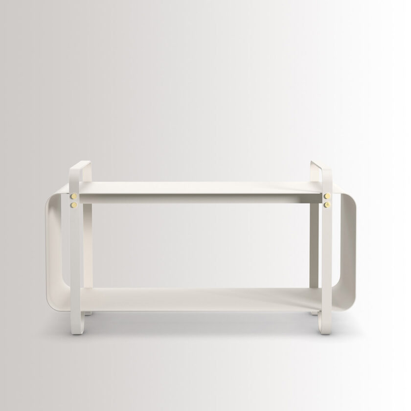 Ninne Bench in Blanc is made from cream white powder-coated steel, with brass details.
