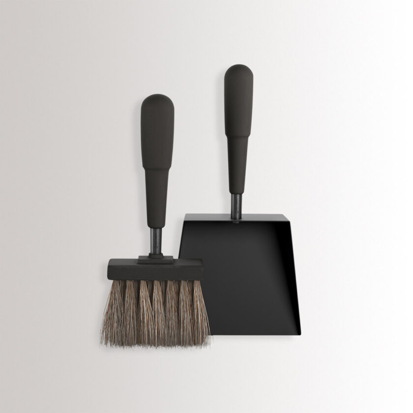 Emma Shovel & Brush in Noir combines charcoal black powder-coated steel, with black stained beech wood and black details.