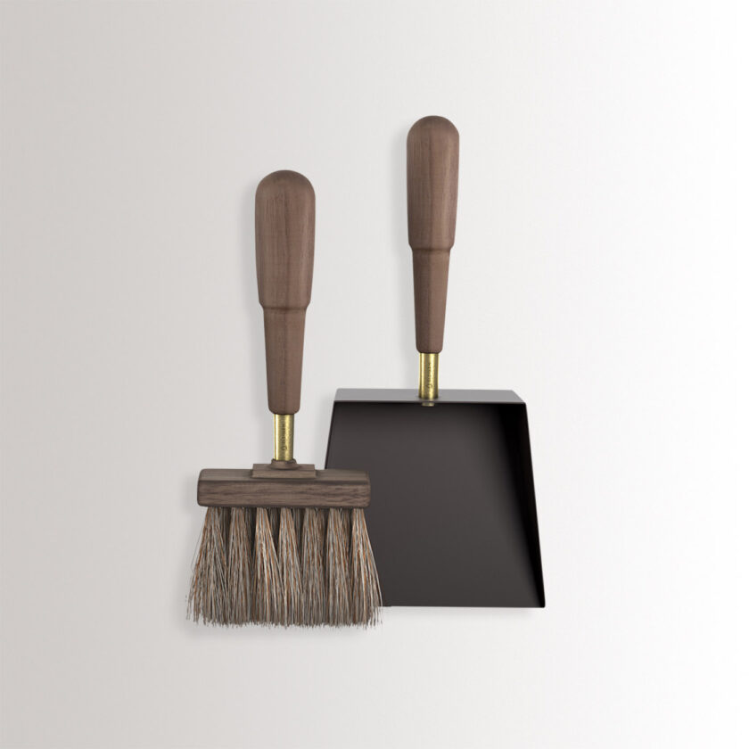 Emma Shovel & Brush in Classique combines dark warm grey powder-coated steel, with walnut wood and brass details.