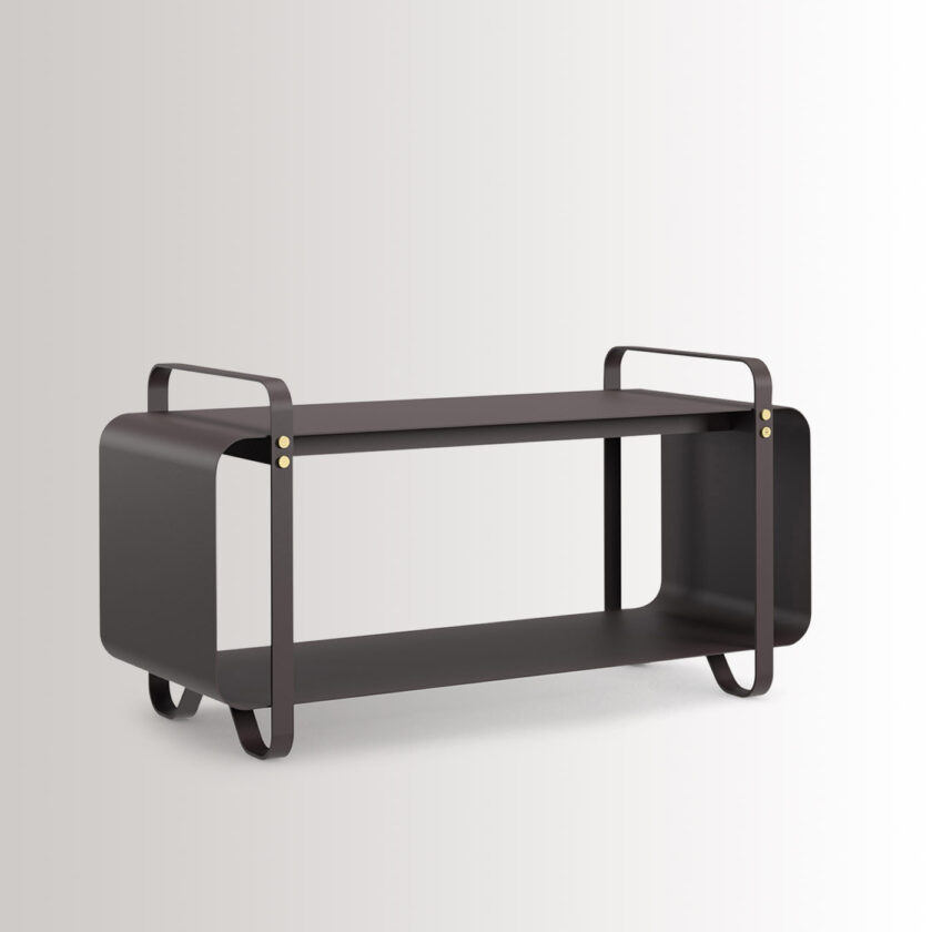 Ninne Bench in Classique is made from dark warm grey powder-coated steel, with brass details, at an angle.