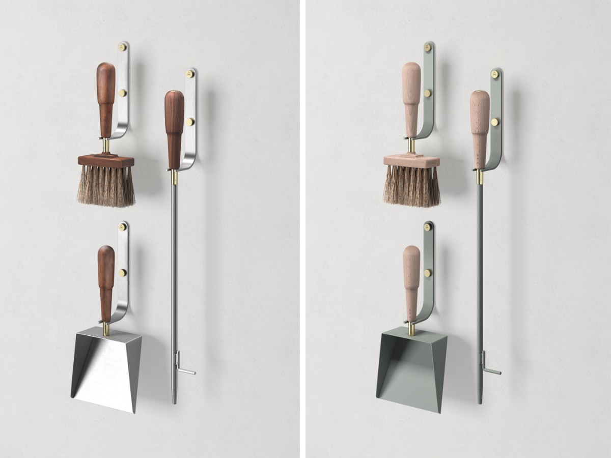 Emma Wall in Lumière (brushed stainless steel with tool handles in oiled walnut and details in solid brass) on the left and Emma Wall in Lichen (light green grey powder-coated steel, tool handles in beech and details in solid brass) on the right.