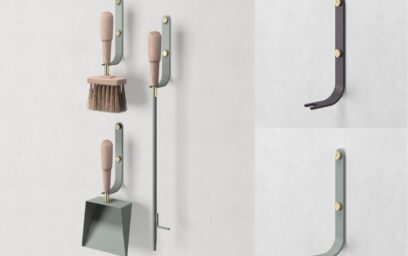 Emma Wall in Lichen ( light green grey powder-coated steel, tool handles in beech and details in solid brass) on the left and two Emma Wall hooks on the right. Top is the Classique version and bottom in the Lichen version.
