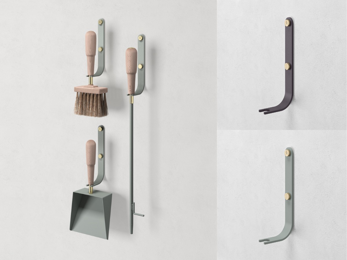 Emma Wall in Lichen ( light green grey powder-coated steel, tool handles in beech and details in solid brass) on the left and two Emma Wall hooks on the right. Top is the Classique version and bottom in the Lichen version.