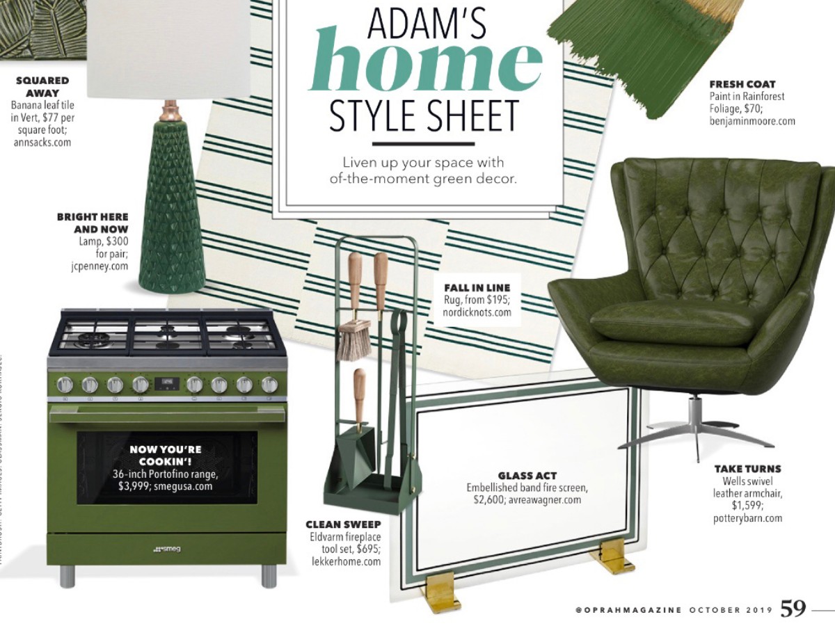 excerpt from the Oprah magazine talking about Adam's home style sheet showing different green decor including the Emma Companion Set in Forêt.