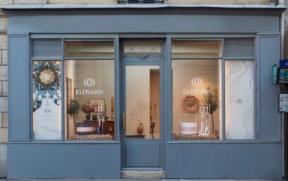 Outside view of the Eldvarm boutique in Paris displaying Emma Companion Sets and Baskets.