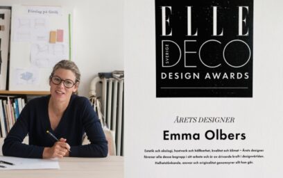 On the left, Emma Olbers inside her studio and on the right an excerpt from the Elle Deco design awards showing Emma Olbers has won designer of the year.