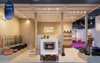 Maison et Objet Fair 2023 showing Eldvarm's stand. Different versions of the Emma Series (Basket, Companion Set, Firescreen), Ninne Bench, and Lucie Candle Holders with fireplace in the middle.