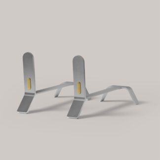 A pair of sleek, modern, silver-colored push-up bars on a white background. Each bar has a rectangular gold accent on the vertical support. Designed with a minimalist aesthetic for exercise and fitness routines.