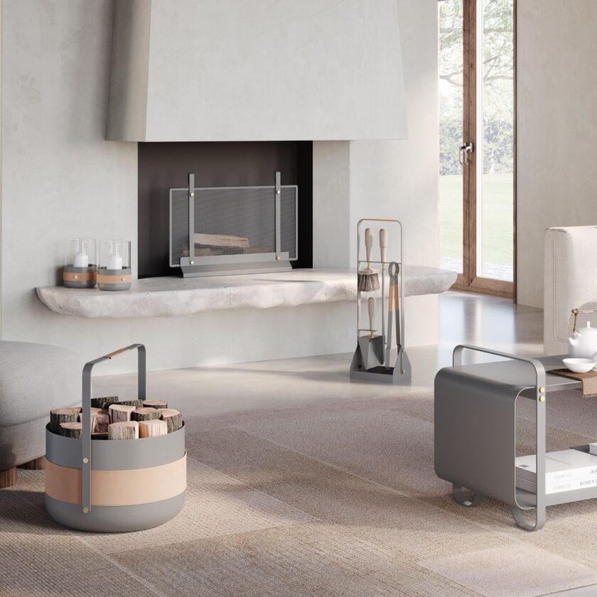 Emma Series in Scandie, Emma Firescreen and Ninne Bench in Paris in a living room with an unlit fire.