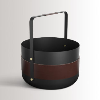 Emma Basket in Minuit is made of charcoal black powder-coated steel, chocolate brown leather and solid brass details.