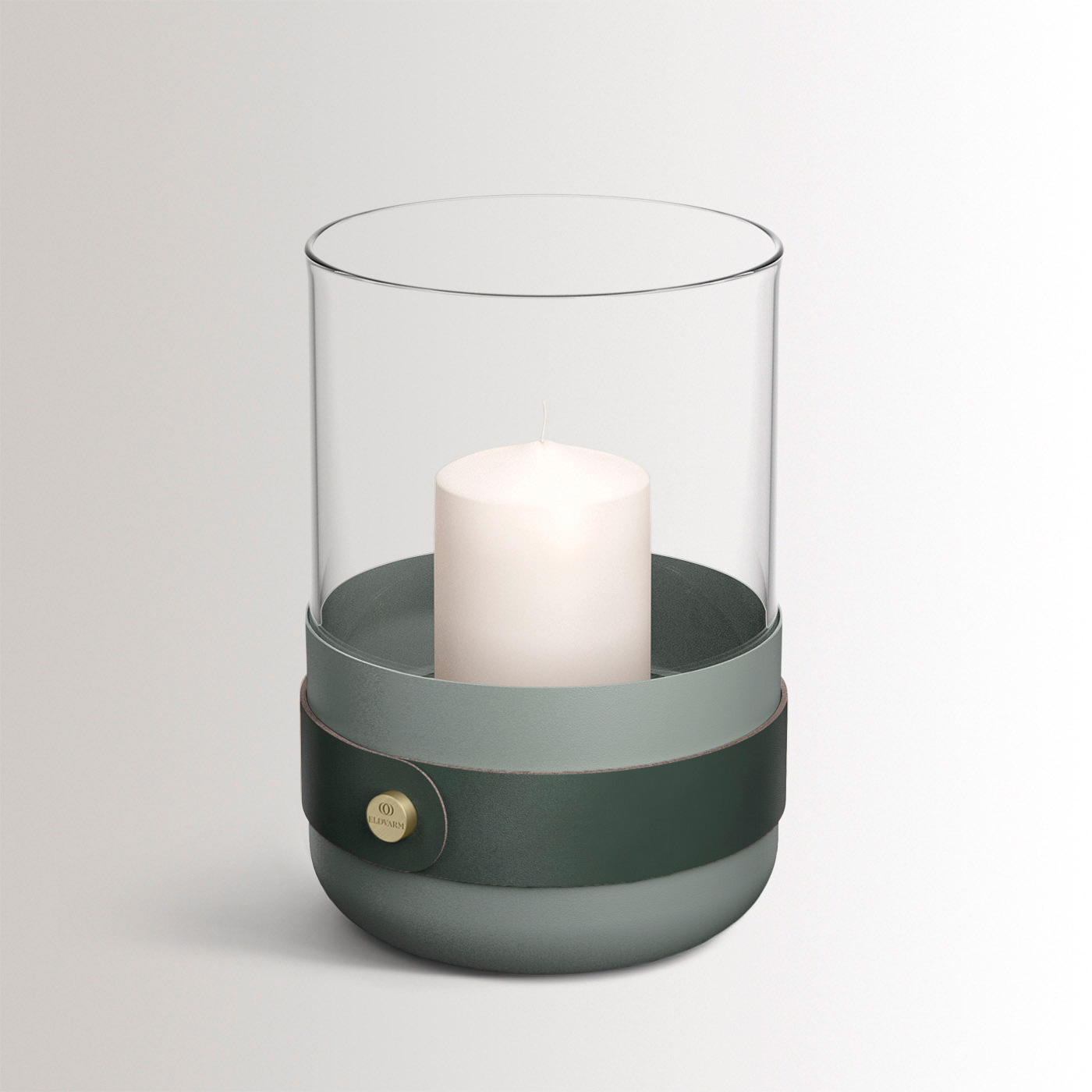 Emma Lantern in Jardin combines light green powder-coated steel with “Forêt” green leather, hand blown glass and brass details.