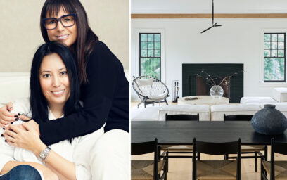 A pair of photos. One photo is of Interior Designers Diana Rice and Chelsea Reale of Sissy + Marley Interiors. The other is one of their projects featuring the Emma Basket in Naturel.
