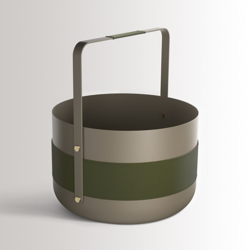 Emma Basket in Olive combines beige grey powder-coated steel, with olive green leather and brass details.