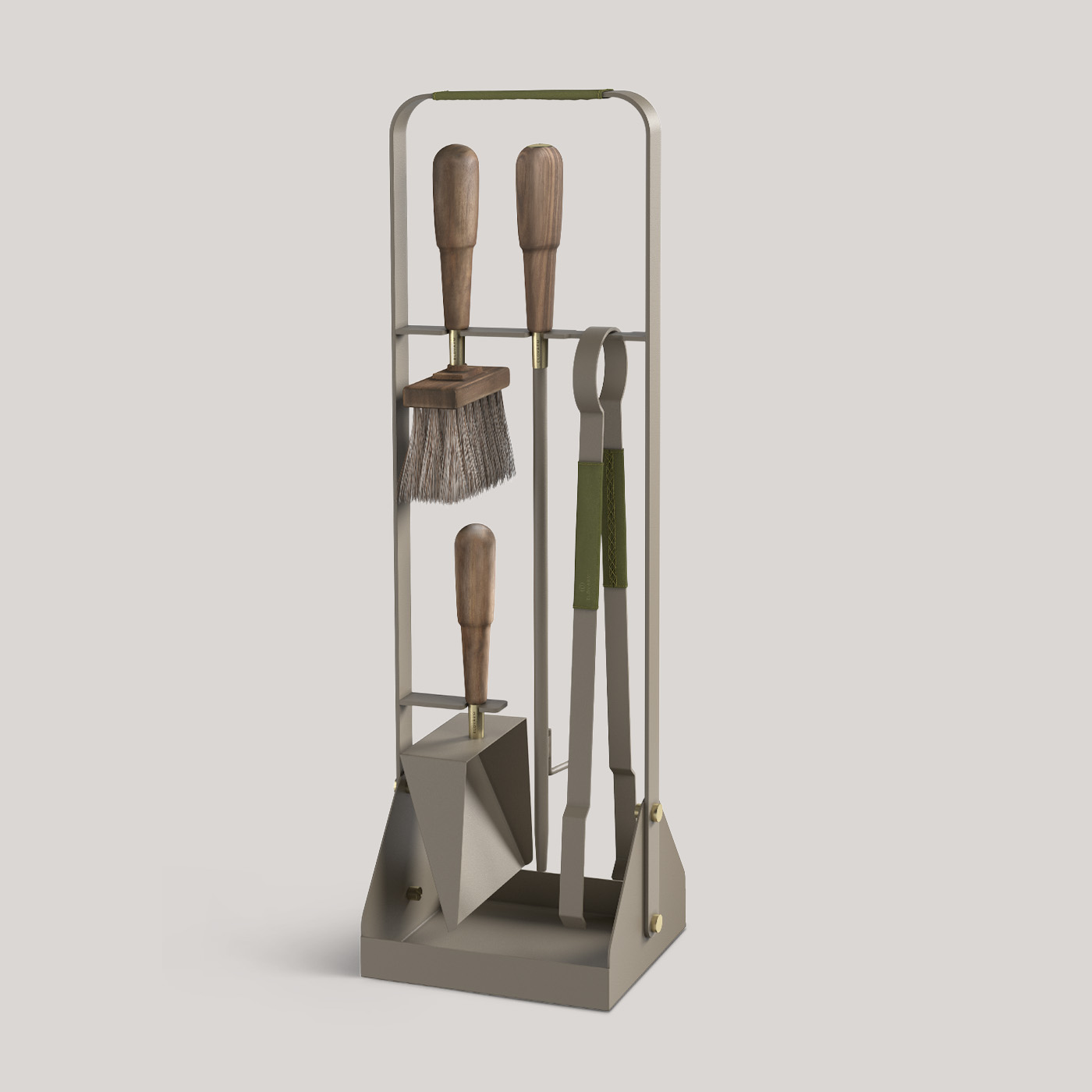 A fireplace tool set with a stand, featuring four wooden-handled tools: a broom, a shovel, a poker, and tongs. The tools hang neatly from hooks on the metal stand, which has a sturdy base. The set is designed in a minimalistic, modern style.