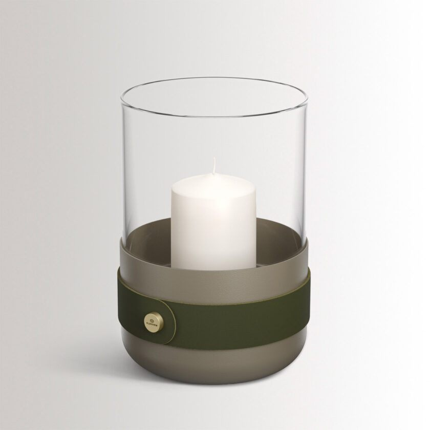 Emma Lantern in Olive combines beige grey powder-coated steel with “Olive” green leather, hand blown glass and brass details.