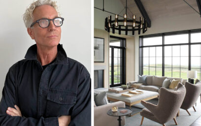 A pair of photos. One of Philip Howlett of Herringbone Design. The other of a bright open living room with large windows designed by Herringbone Design.