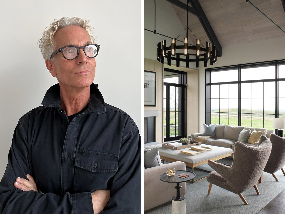 A pair of photos. One of Philip Howlett of Herringbone Design. The other of a bright open living room with large windows designed by Herringbone Design.