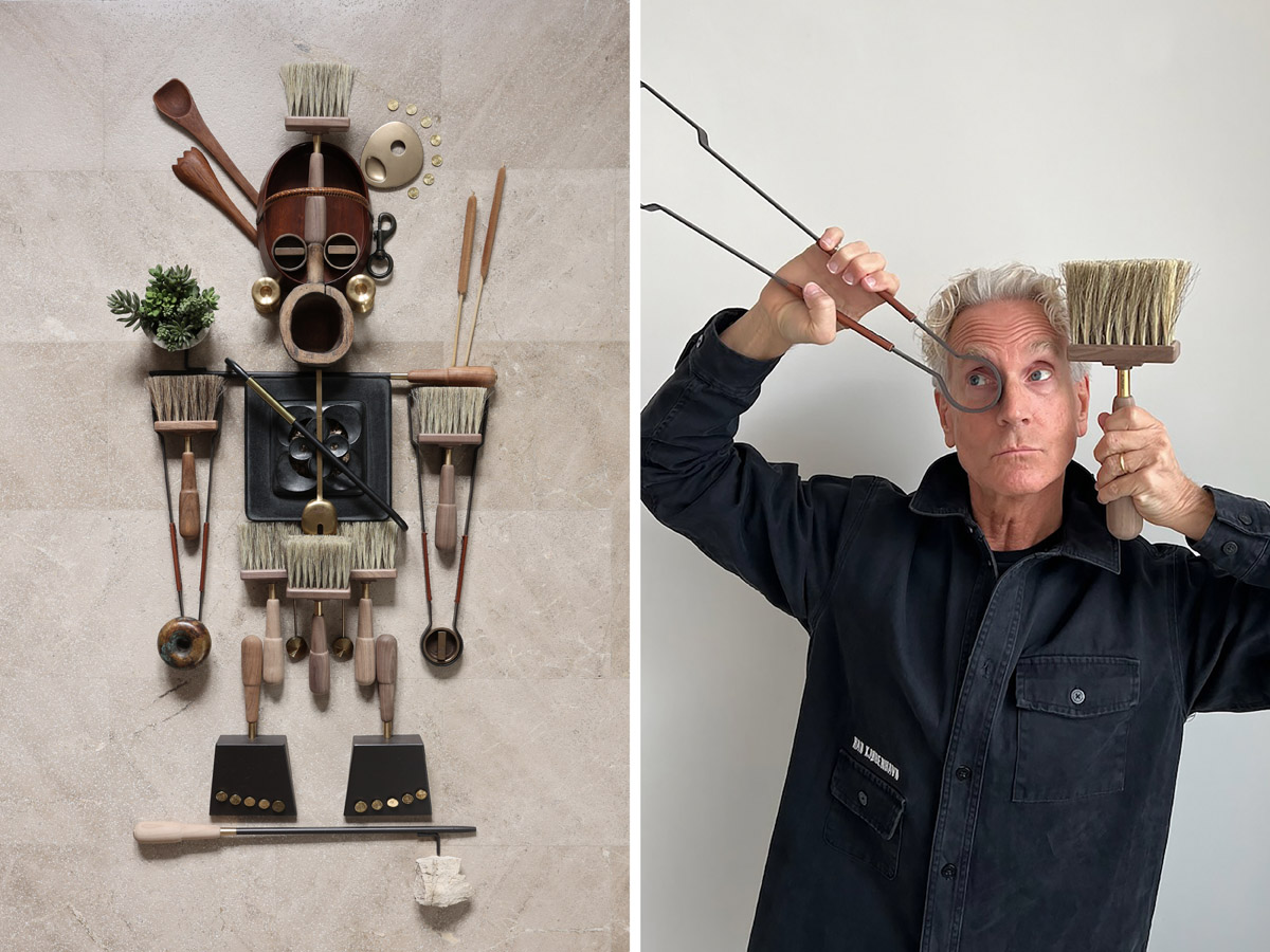 A pair of photos. One of Philip Howlett of Herringbone Design. The other one of his imaginative assemblages called Paternal Pride.