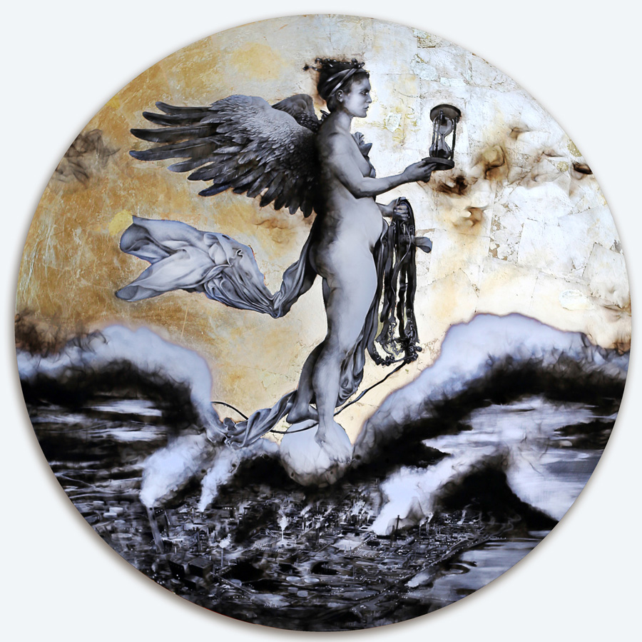 A round black and white painting of an angel carrying an hourglass. The painting, titled Nemesis, is created by a technique called fumage - painting with fire.