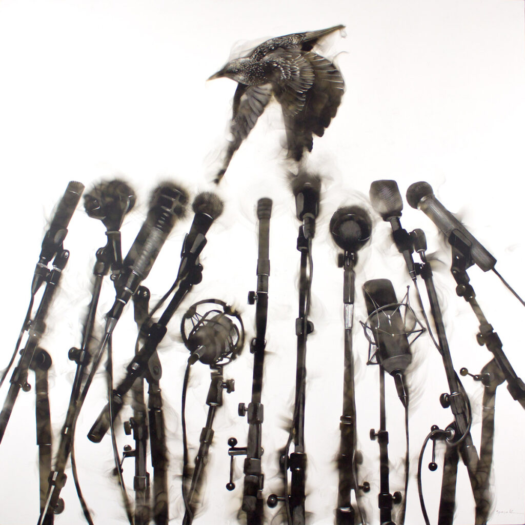 A black and white painting by Canadian artist Steven Spazuk, depicting a black bird infront of several microphones. The piece is titled Twitter.