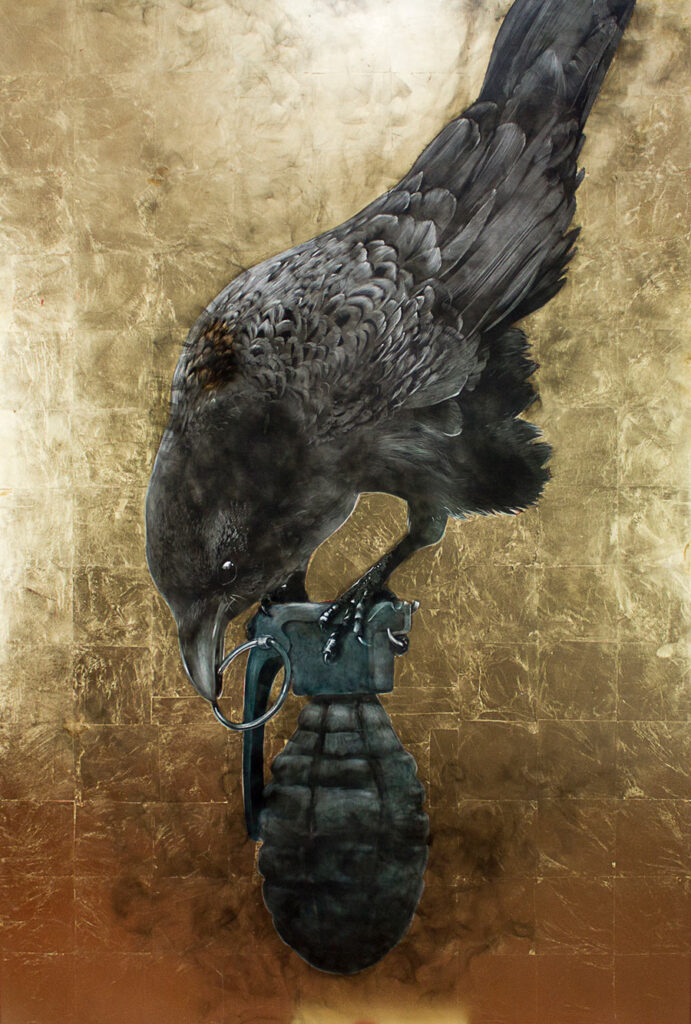 A black crow sitting on a hand grenade. A piece titled ANTHROPOscene, by Canadian aritist Steven Spazuk. The artist uses a technique called fumage, where he paints with fire.