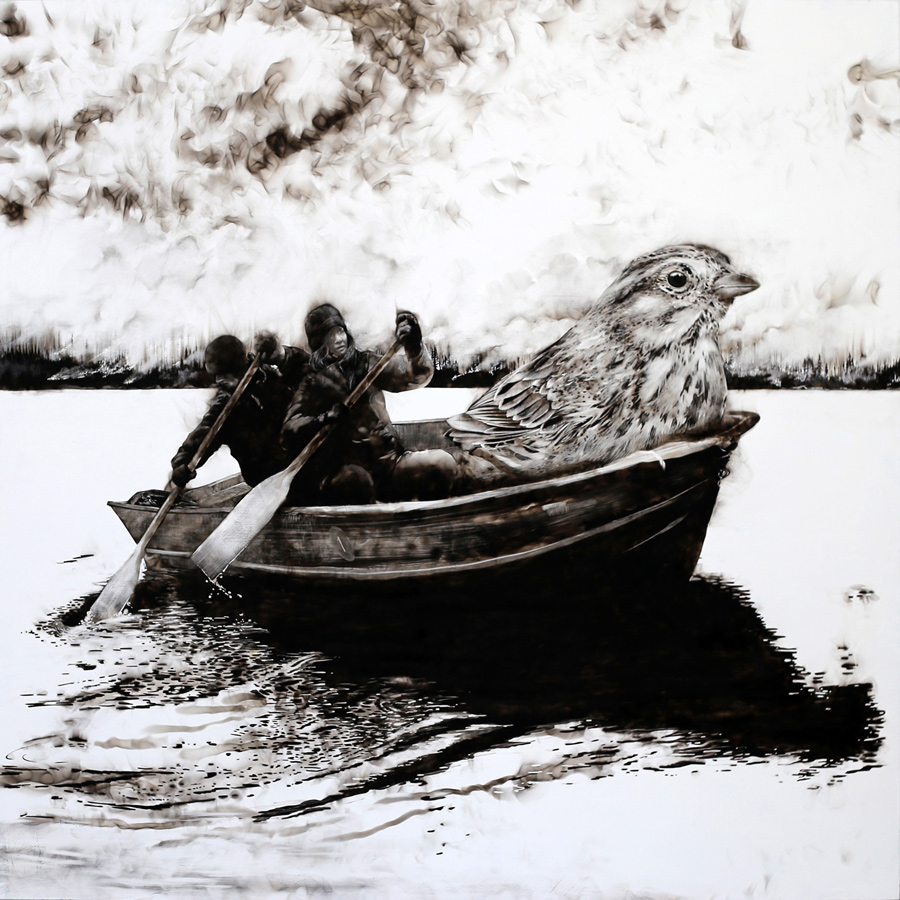 Titled Lifeboat 1, this artwork depicts a bird sitting in the front of a row boat with two people behind rowing the boat. It is the work of Canadian artist Steven Spazuk. It was created by a technique called fumage, where the artist paints with fire.