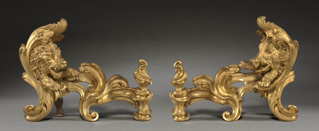 A pair of gilt bronze andirons created by French artist Jacques Caffieri in the 18th century. They are part of the Cleveland Museum of Art.