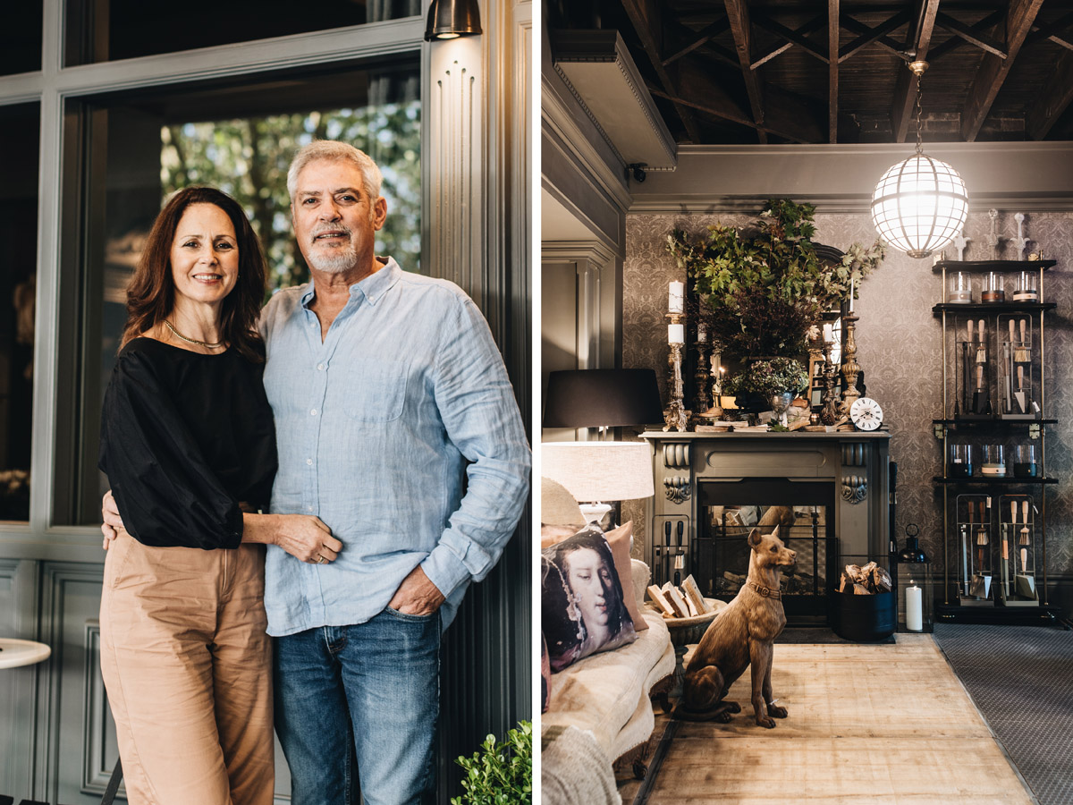 The photo on the left is of Suzie Anderson and her partner Dave. The other is an interior of one of the Suzie Anderson Home boutiques in New South Wales, Australia. It shows a wide variety of Eldvarm products like the Emma Companion Set, Emma Basket and Emma Lantern.