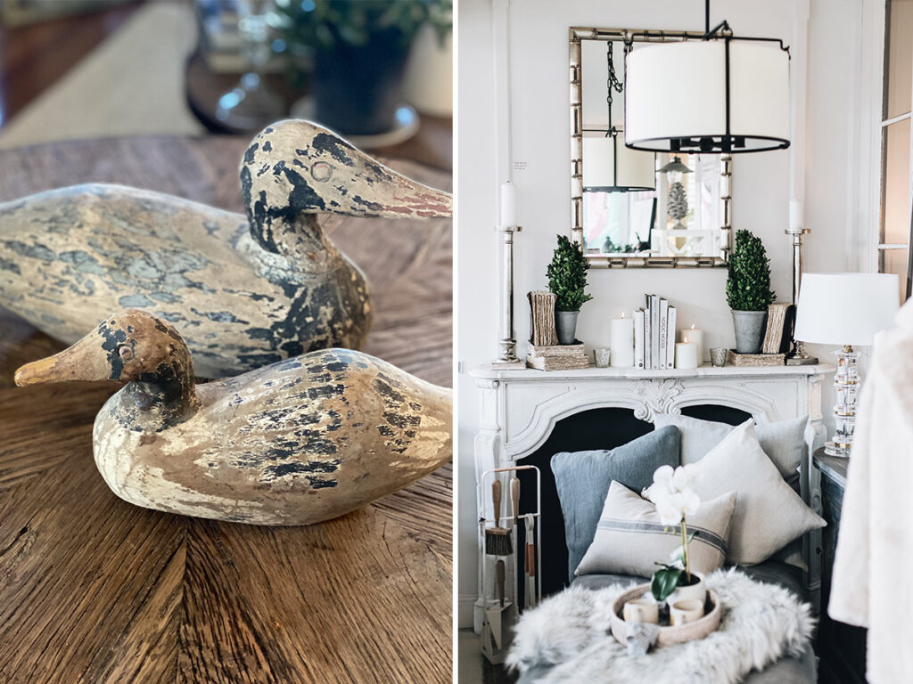 On the left is a photo of two antique ducks and on the right is a display in Suzie Anderson Home. It features a white fireplace with an Emma Companion Set in Blanc.