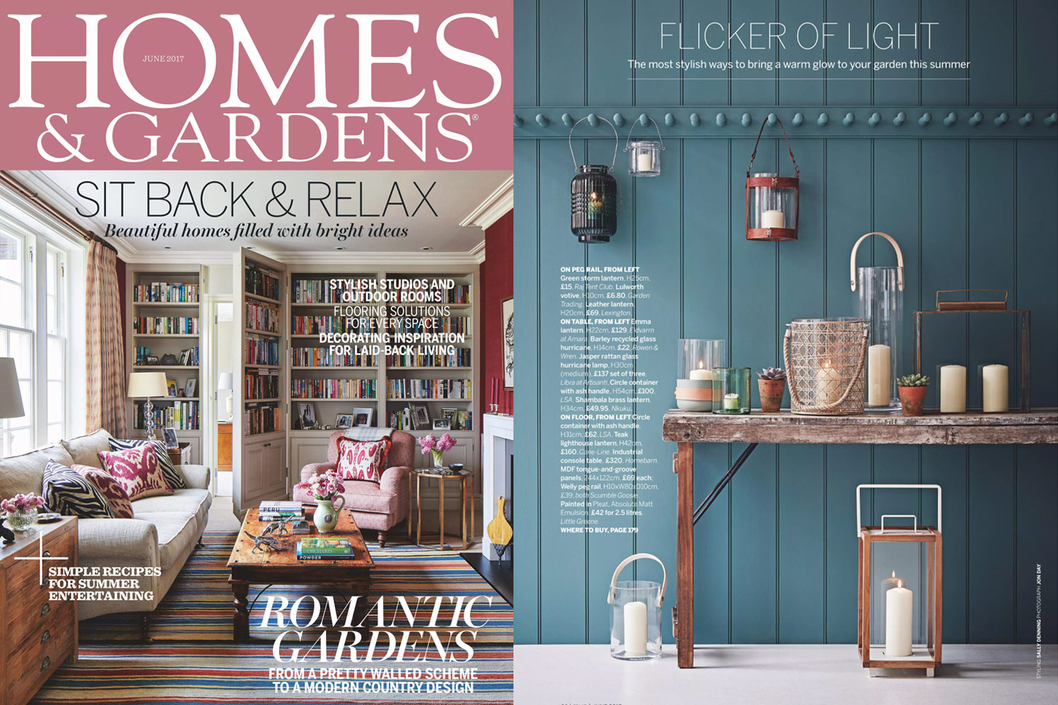 On the right a screen shot of the cover of the November 2015 issue of Residence magazine. On the left is a photo of a table with different candle holders and lanterns. Featured is the Emma Lantern.