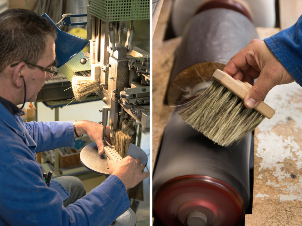 Two photos showing the work that goes into producing the Emma Brush. A key tool in the Emma Companion Set of fireplace tools.