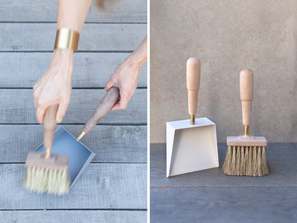 Two images of the Emma Shovel and Brush. On the right is the Paris version and on the left is the Blanc version. The brush is a blend of horse hair and tampico, the root of the agave cactus.