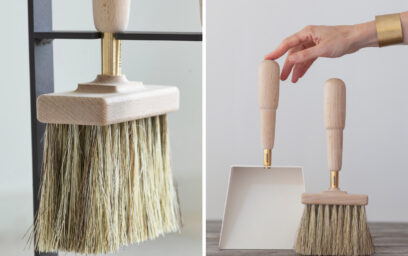 On the left is a close up of the Emma Brush head, the bristles are a special combination of horse hair and tampico, the root of the agave cactus. On the right is Emma Shovel and Brush in Blanc.