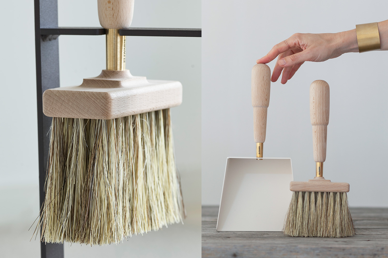 On the left is a close up of the Emma Brush head, the bristles are a special combination of horse hair and tampico, the root of the agave cactus. On the right is Emma Shovel and Brush in Blanc.
