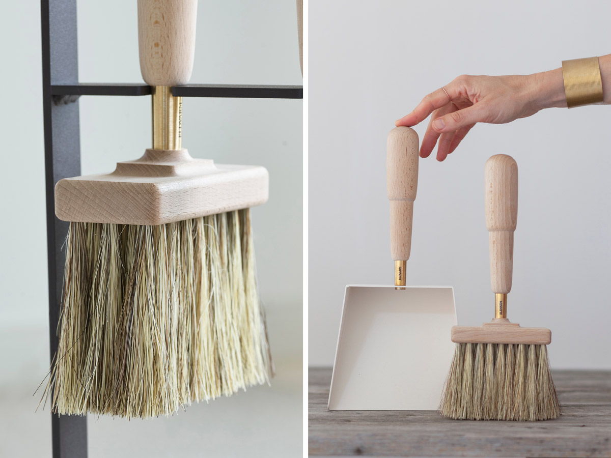 On the left is a close up of the Emma Brush head, the bristles are a special combination of horse hair and tampico, the root of the agave cactus. On the right is Emma Shovel and Brush in Blanc.
