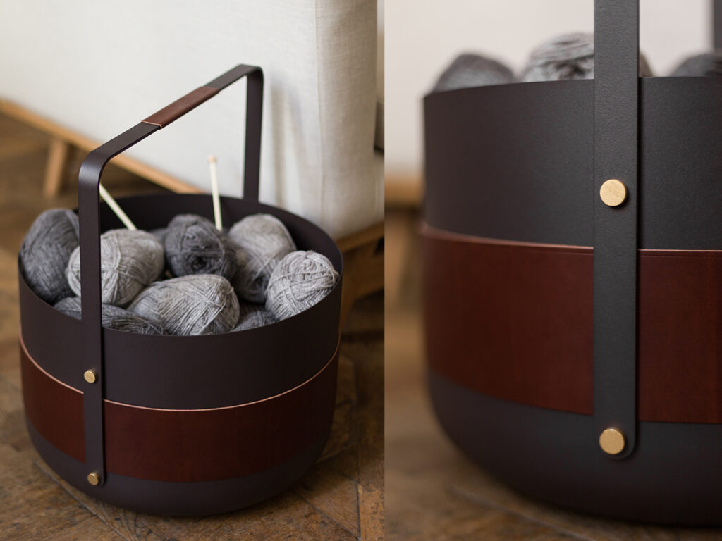 Two images showing how the versatile Emma Basket, originally designed as modern firewood storage, can also be used to store knitting supplies.