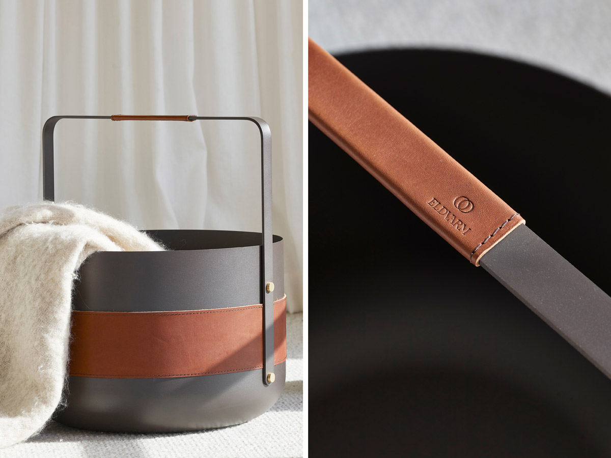 On the left a Emma Companion Set of fireplace tools next to an Emma Basket full of firewood. On the right is an Emma Basket being used as storage for magazines and books.