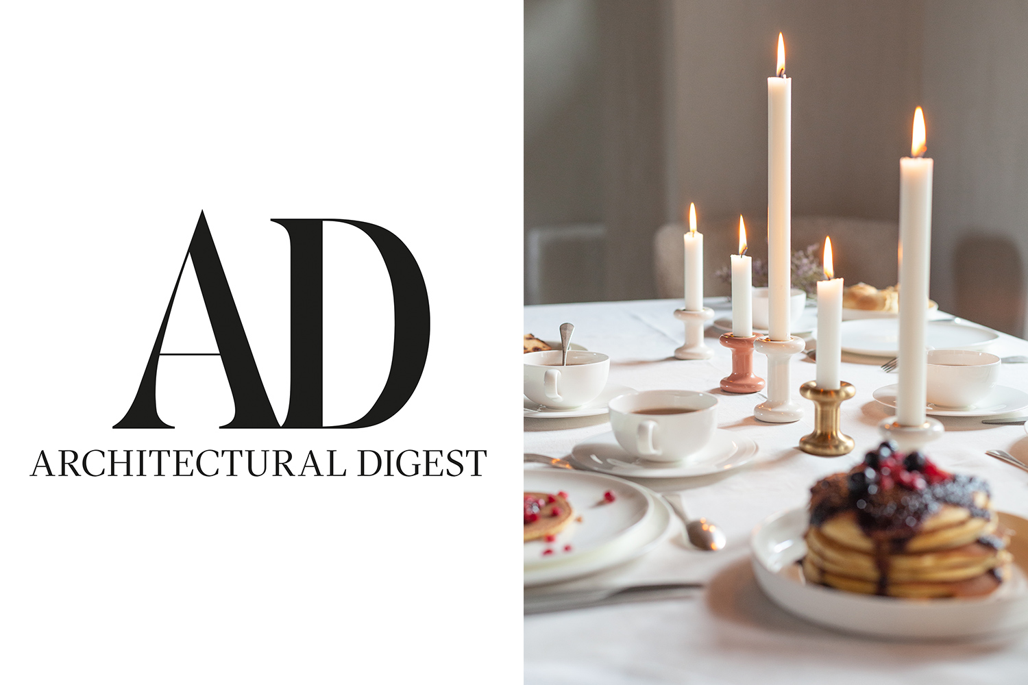 The Architectrual Digest logo, beside a photo of the Lucie Candle holders on a breakfast table. Featured are the small and large Lucie Candle Holders in Brass, Blanc and Bonbon.