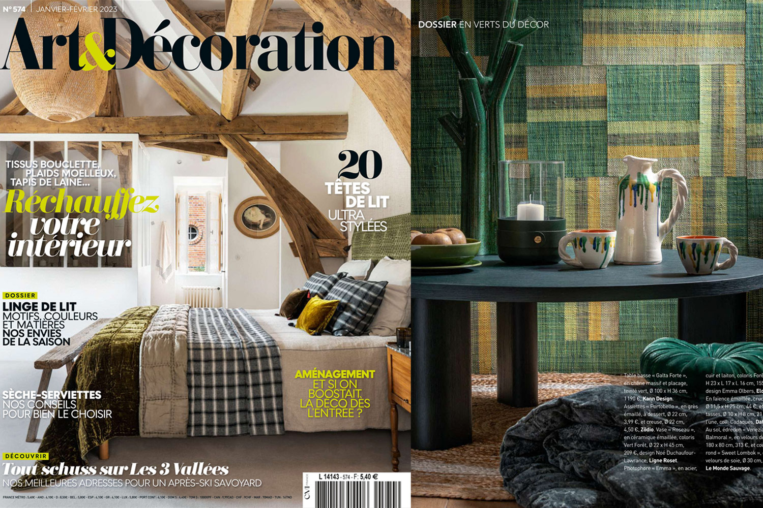 On the right a screen shot of the cover of the January-February issue of Art & Décoration magazine. On the right is a scene of various home wares most in a shade of green. The Emma Lantern in Foret is sitting on the coffee table.