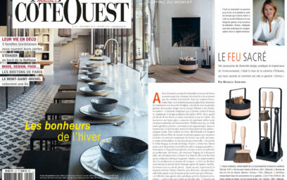 On the left a screenshot of the December 2015/January 2016 issue of Cote Ouest magazine. On the right is an interview with Eldvarm founder Louise Varre. It also features the Emma Basket, Emma Companion set of fireplace tools, and the Emma Shovel & Brush duo.