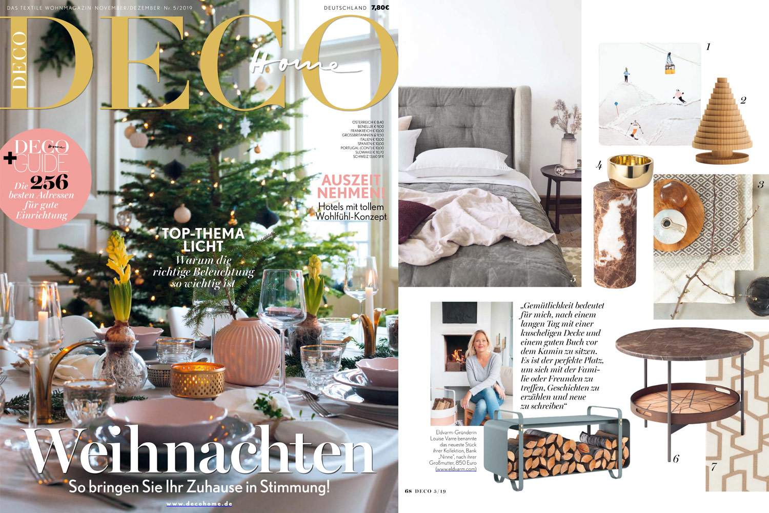 On the left a screen shot to the November/December 2019 issue of Deco Home magazine. On the right the Ninne Bench is featured. The picture shows it full of firewood logs.