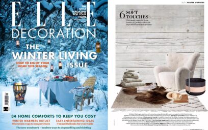 On the left a screen shot of the January 2017 issue of Elle Decoration magazine. On the left, the Emma Basket in Naturel is featured on a wish list of great products to keep you cosy.