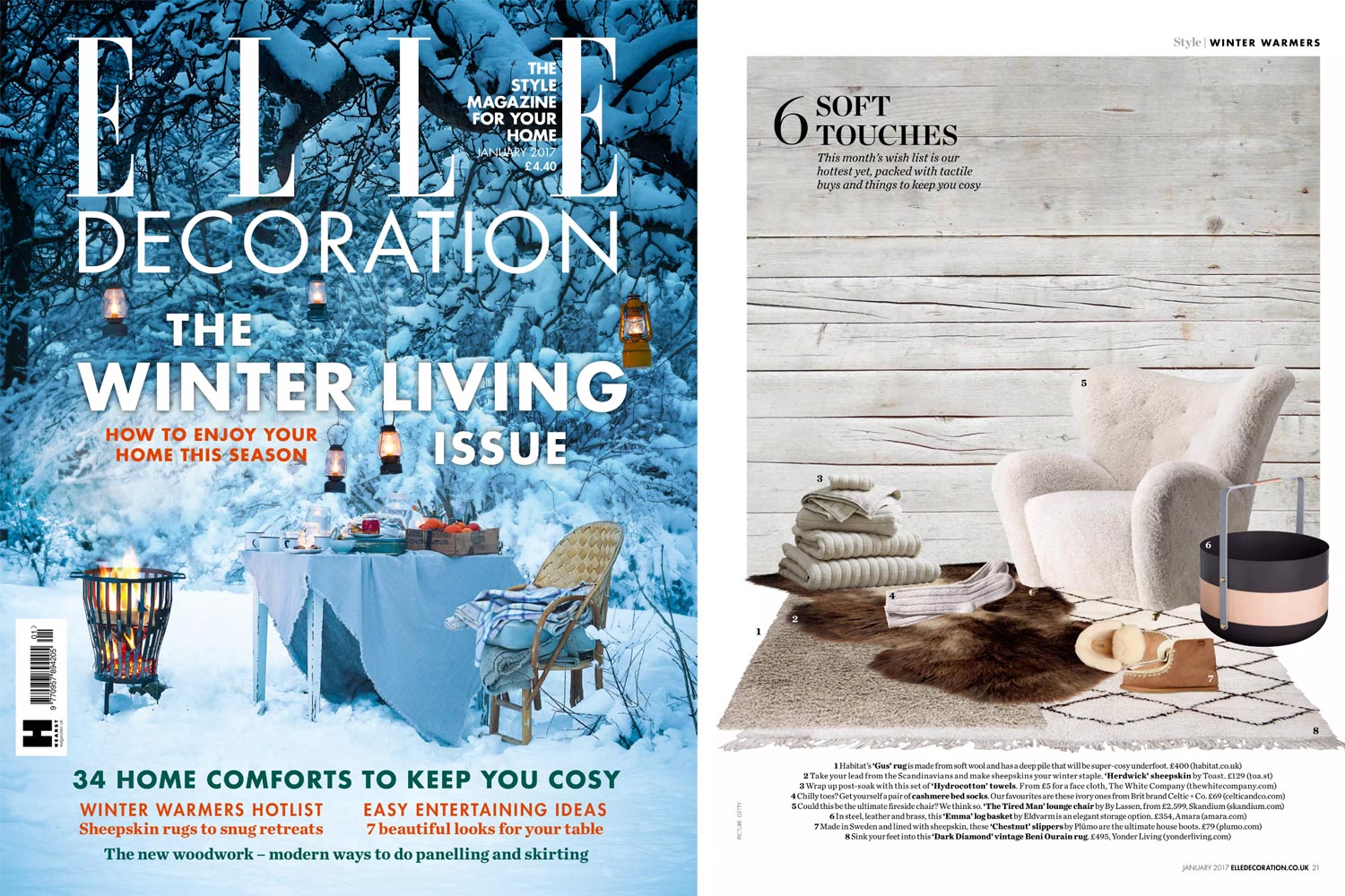 On the left a screen shot of the January 2017 issue of Elle Decoration magazine. On the left, the Emma Basket in Naturel is featured on a wish list of great products to keep you cosy.