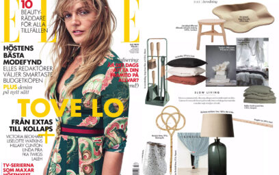 On the left a screen shot of the October 2012 issue of Elle magazine. On the right a collection of products including the Emma Companion Set.