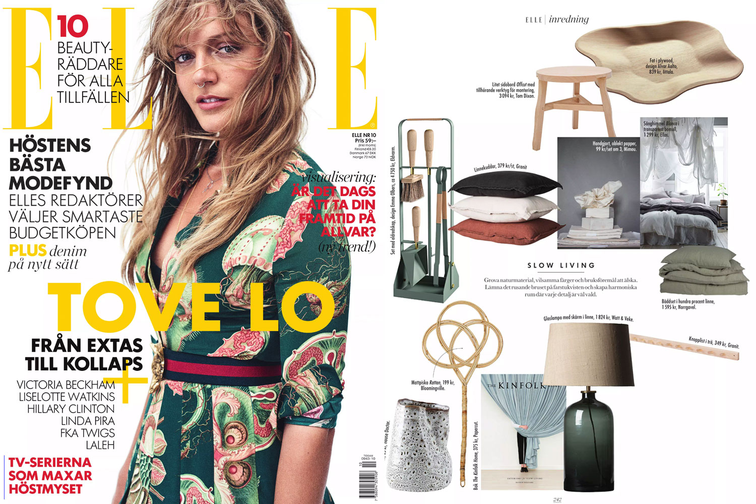 On the left a screen shot of the October 2012 issue of Elle magazine. On the right a collection of products including the Emma Companion Set.