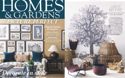 On the left a screeshot of the February 2017 issue of Homes & Garden Magazine. On the right the Emma Basket Havane is featured as one of the top picks for firewood storage.